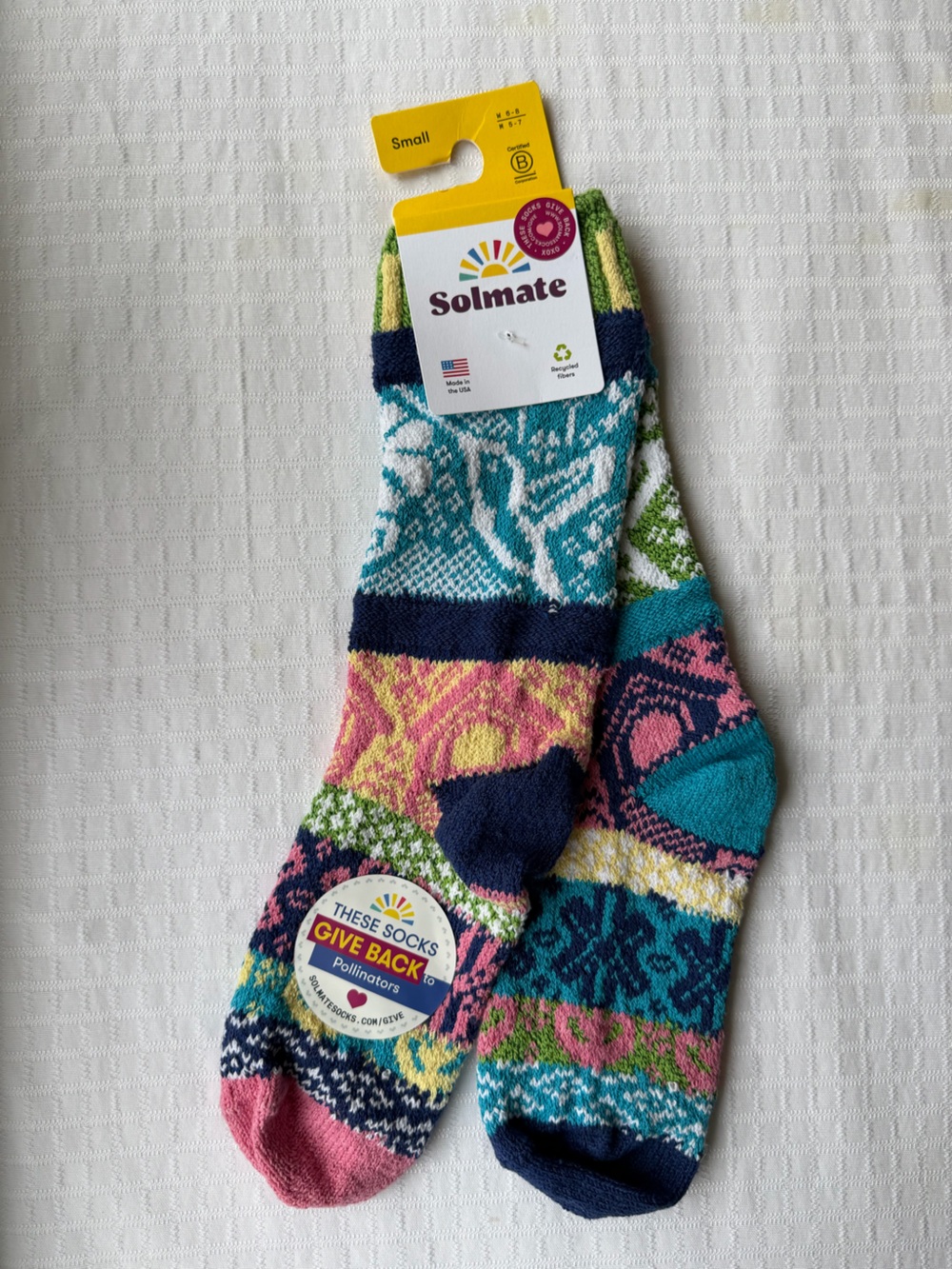 Solmate Socks Multicolor Patterned Crew Socks Teal, Pink, Yellow, Navy unisex